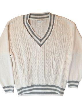 Aileen Knitwear Vintage Preppy Varsity Tennis  Sweater Womans Medium Cream Gray